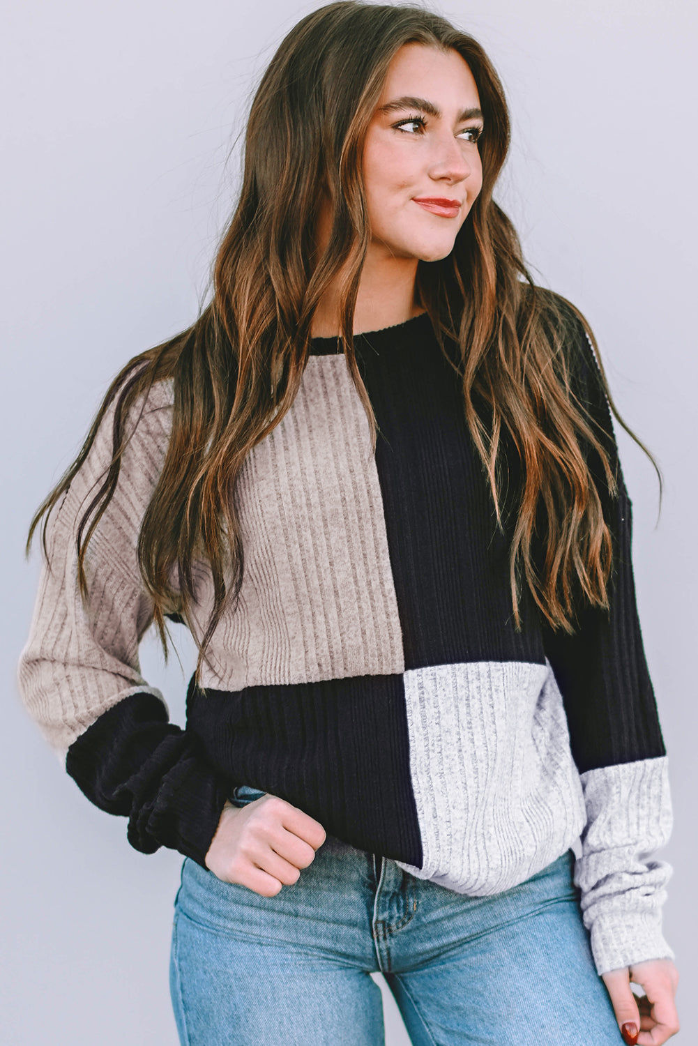 Black Colorblock Textured Knit Long Sleeve Top