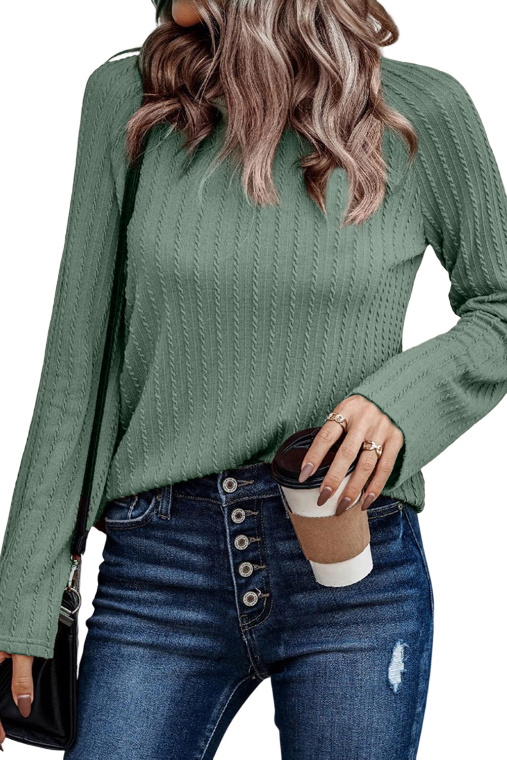 Green Ribbed Round Neck Knit Long Sleeve Top