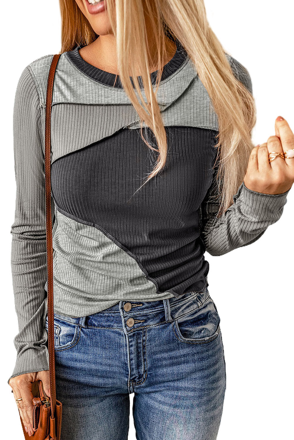 Gray Expose Seam Color Block Ribbed Knit Top