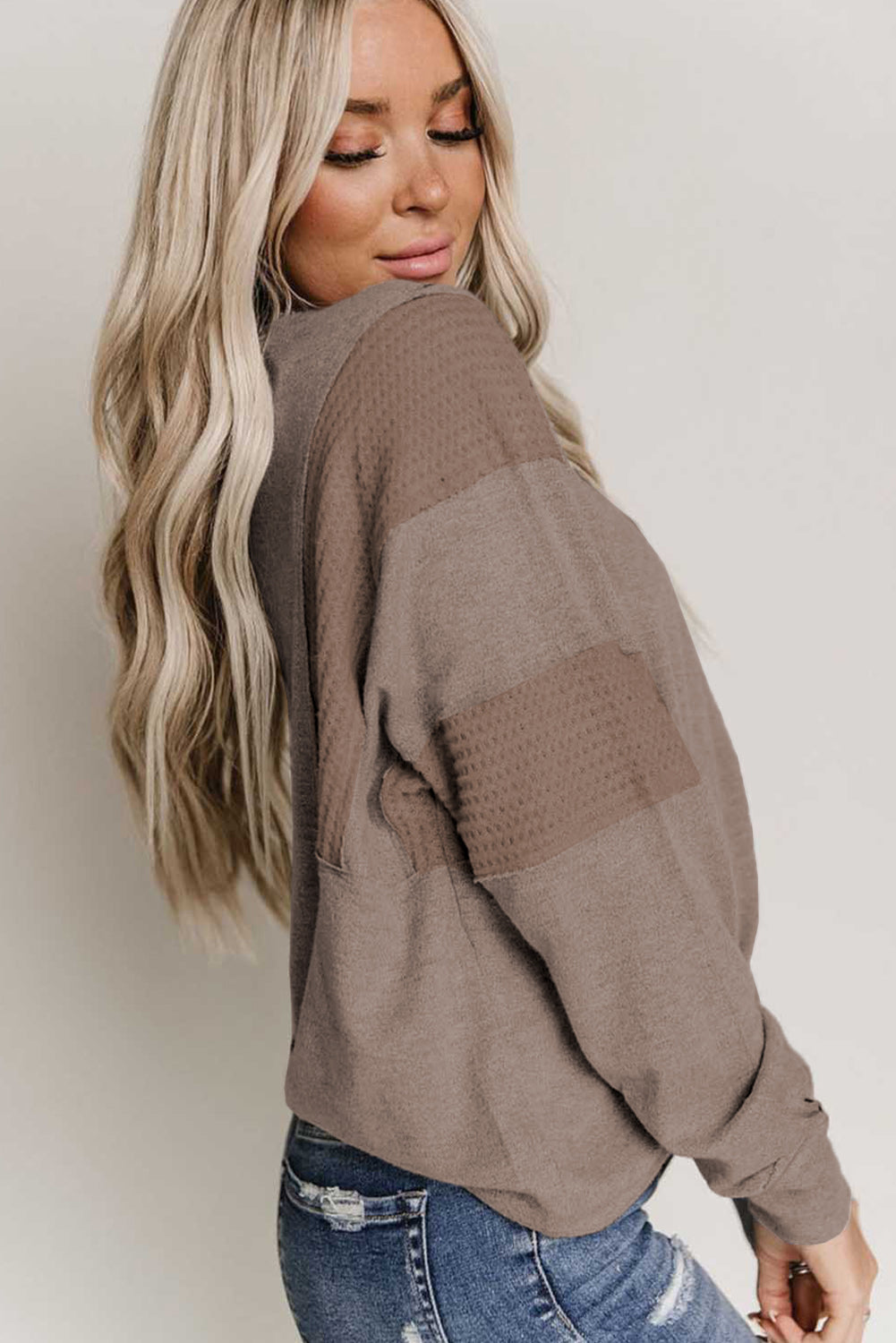 Gray Waffle Patchwork Dolman Sleeve Henley Top