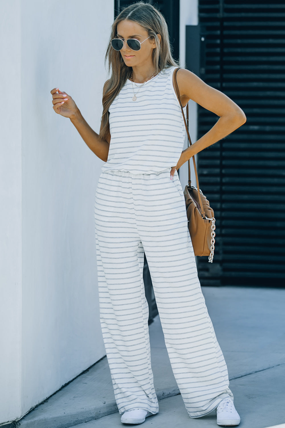 White Striped Keyhole Back Pockets Sleeveless Jumpsuit