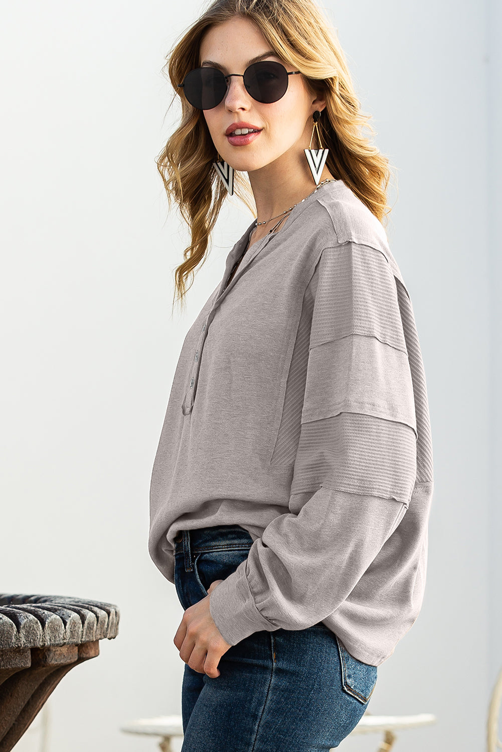 Gray Waffle Patchwork Dolman Sleeve Henley Top