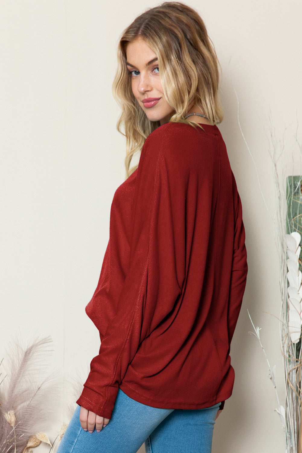 Red Basic Solid Color Seam Patchwork Long Sleeve Top