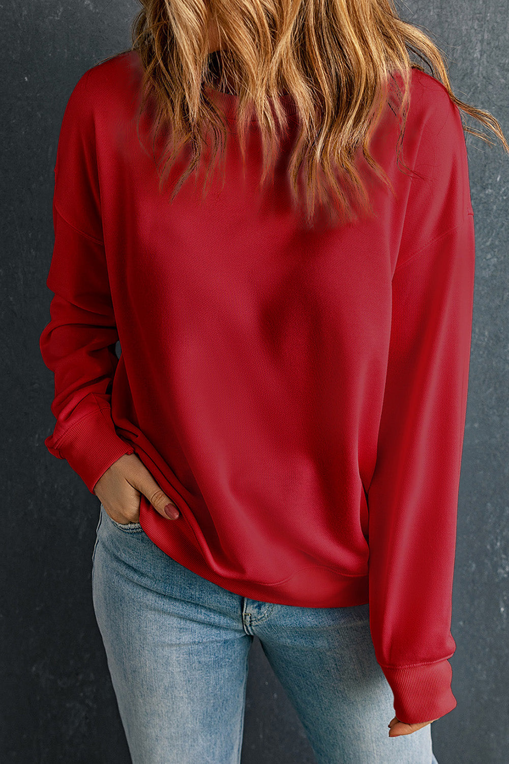 Red Plain Comfy Crew Neck Pullover Sweatshirt