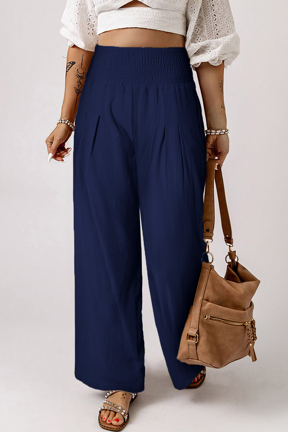 Khaki Smocked Wide Waistband High Waist Wide Leg Pants