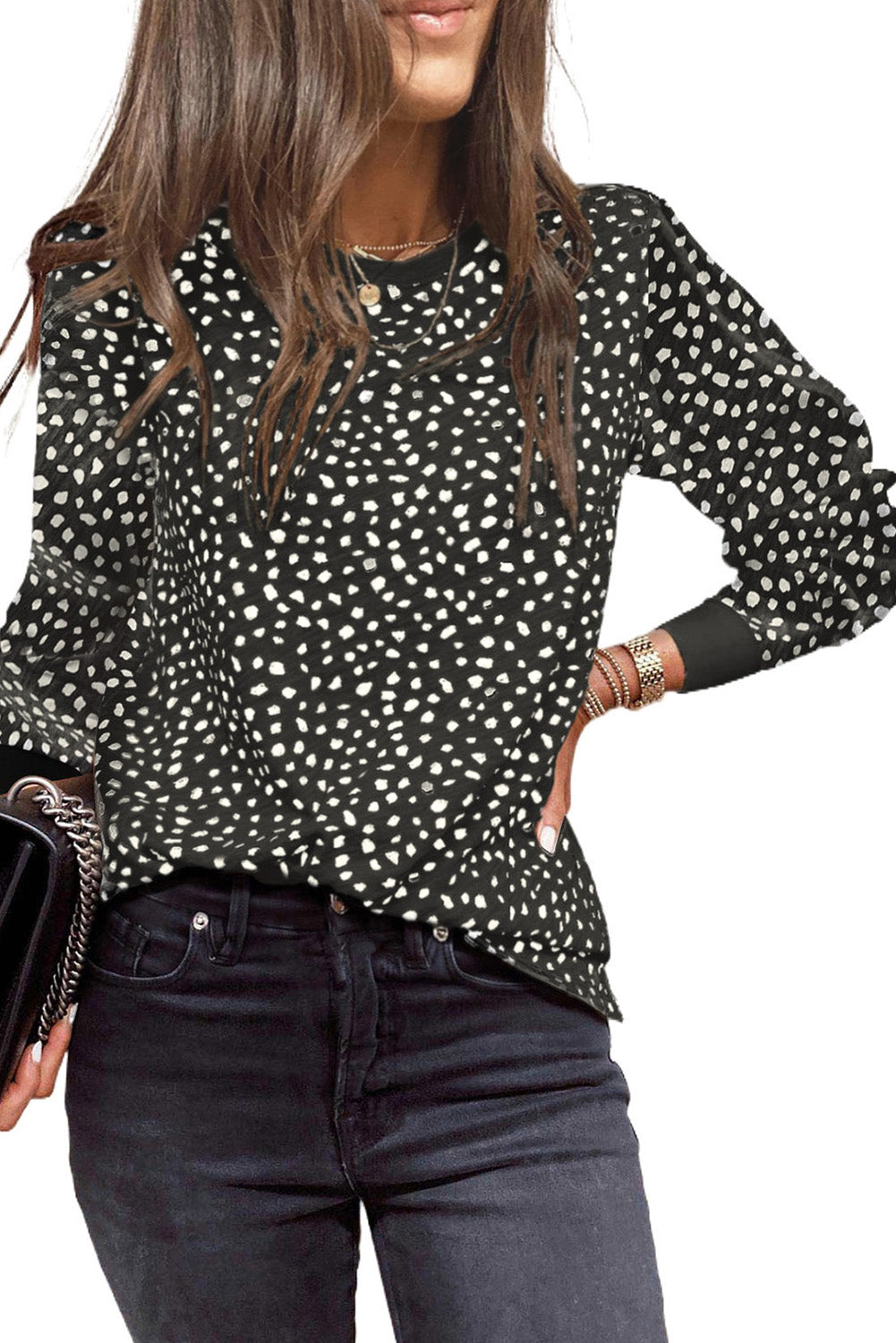 Red Animal Spotted Print Round Neck Long Sleeve Top