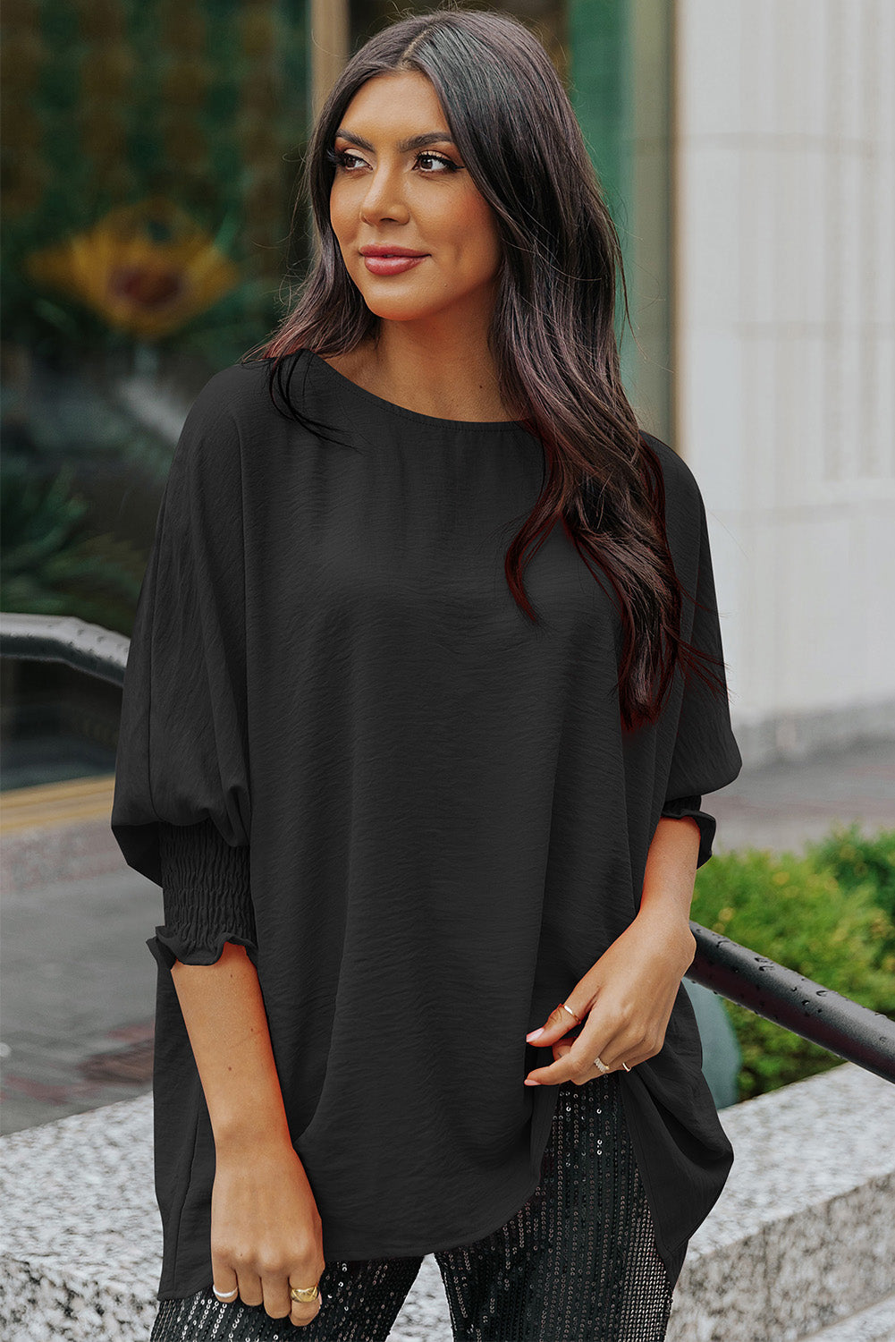 White Plain & Casual Shirred Cuffs Half Sleeve Top