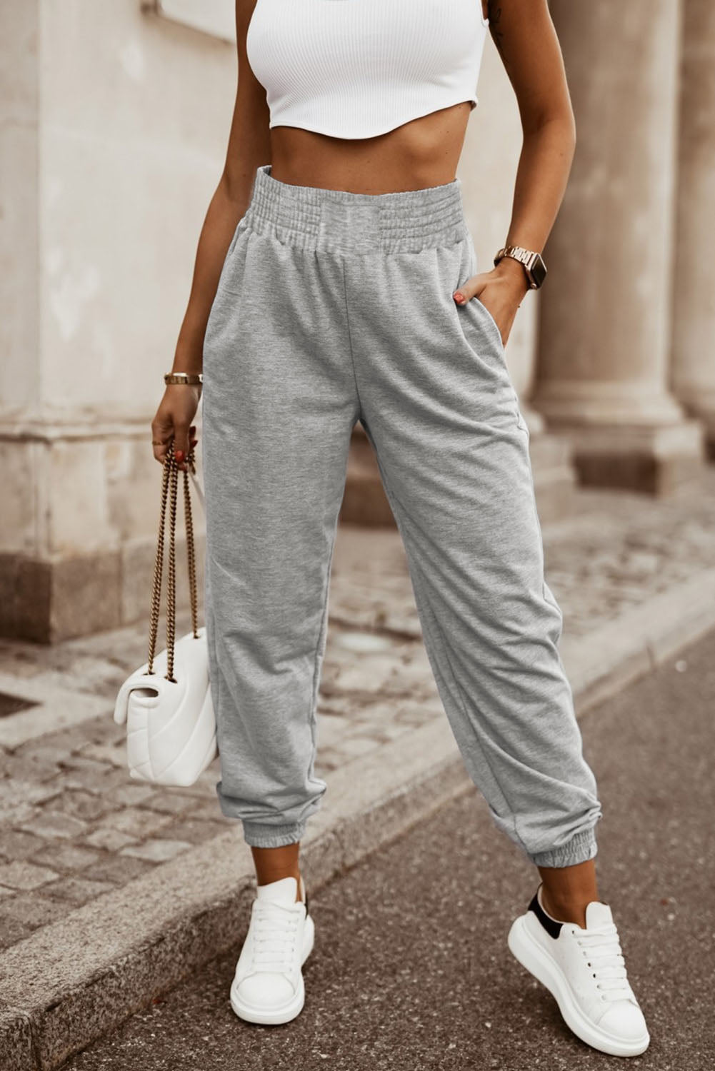 Grey Smocked Casual High Waist Pocket Jogger Pants