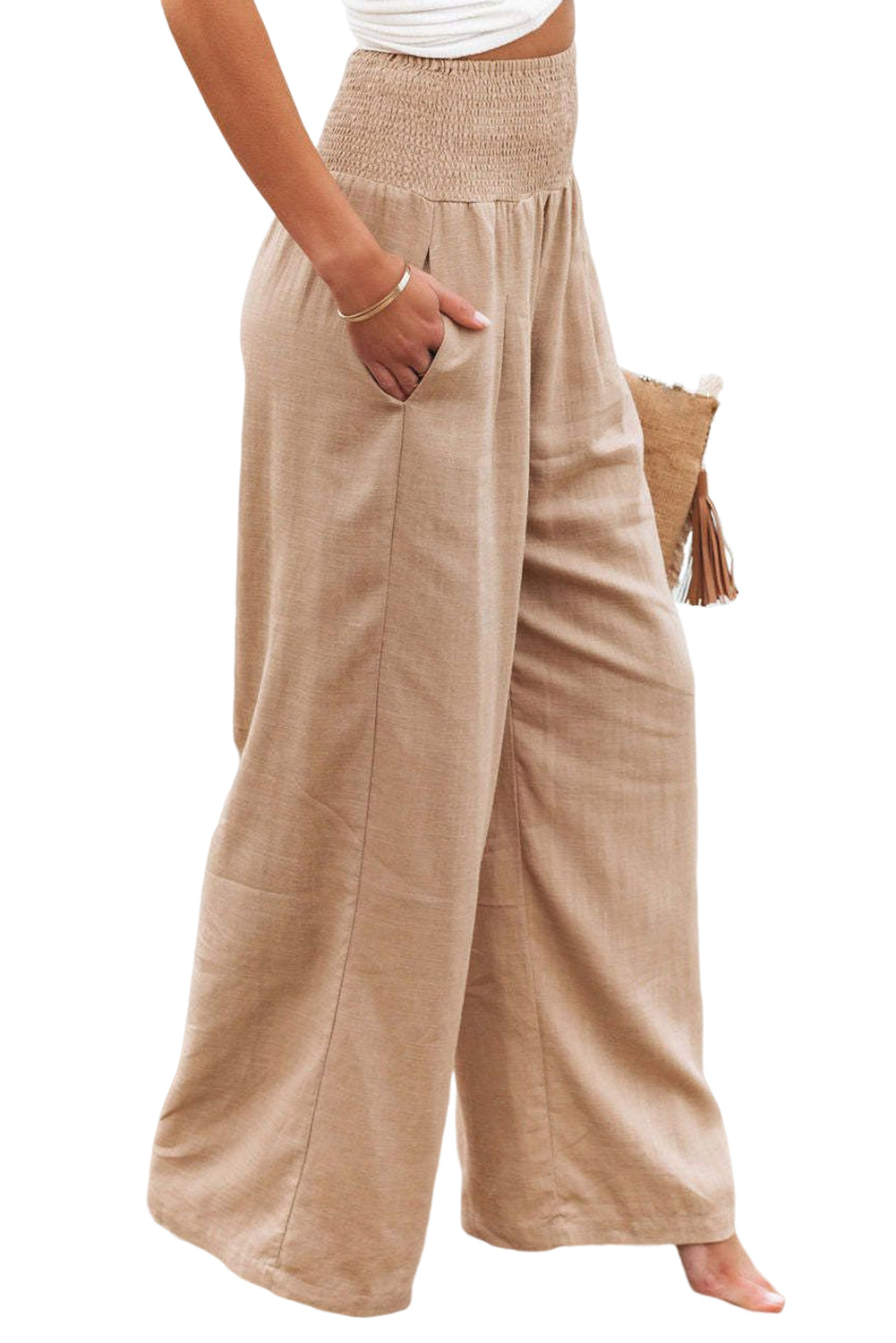 Khaki Smocked Wide Waistband High Waist Wide Leg Pants