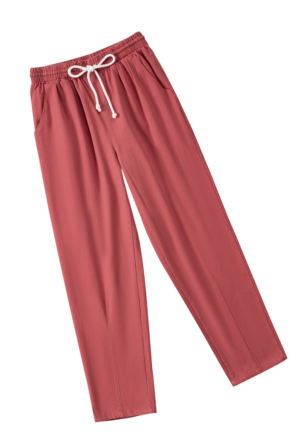 Red Solid Color Drawstring High Waisted Pants with Pockets