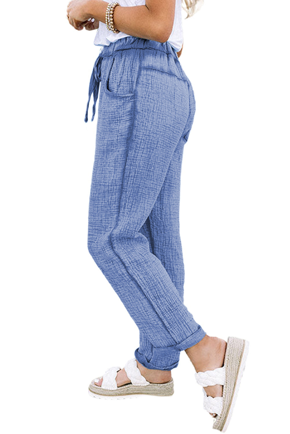 Sky Blue Washed Textured Drawstring Waist Straight Leg Pants