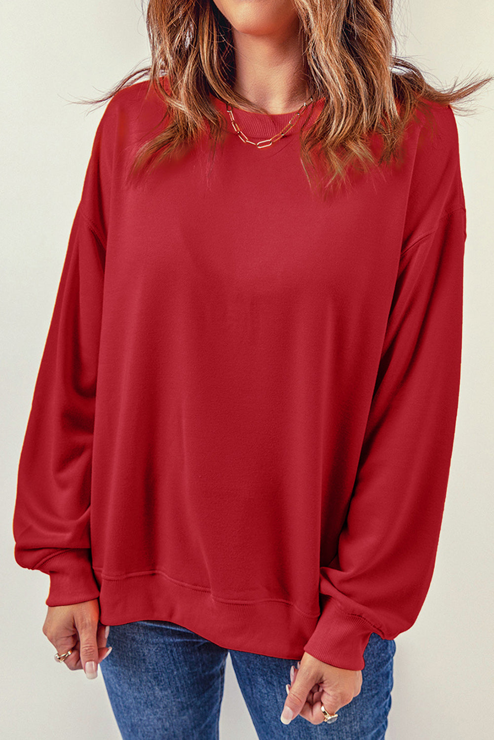 Red Plain Comfy Crew Neck Pullover Sweatshirt