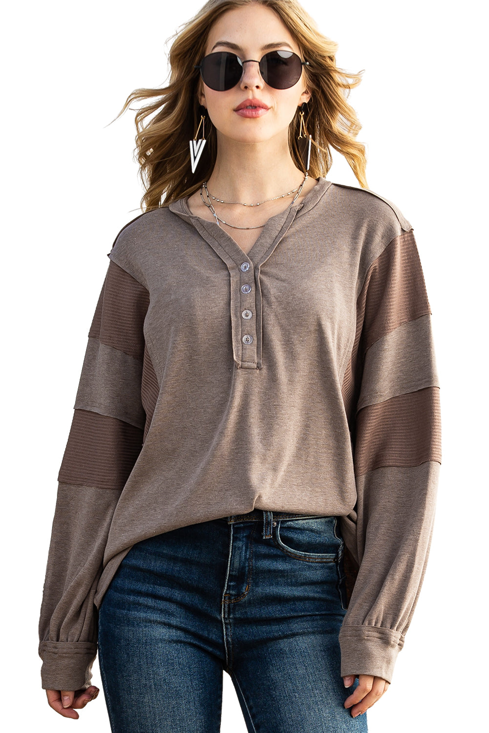 Gray Waffle Patchwork Dolman Sleeve Henley Top