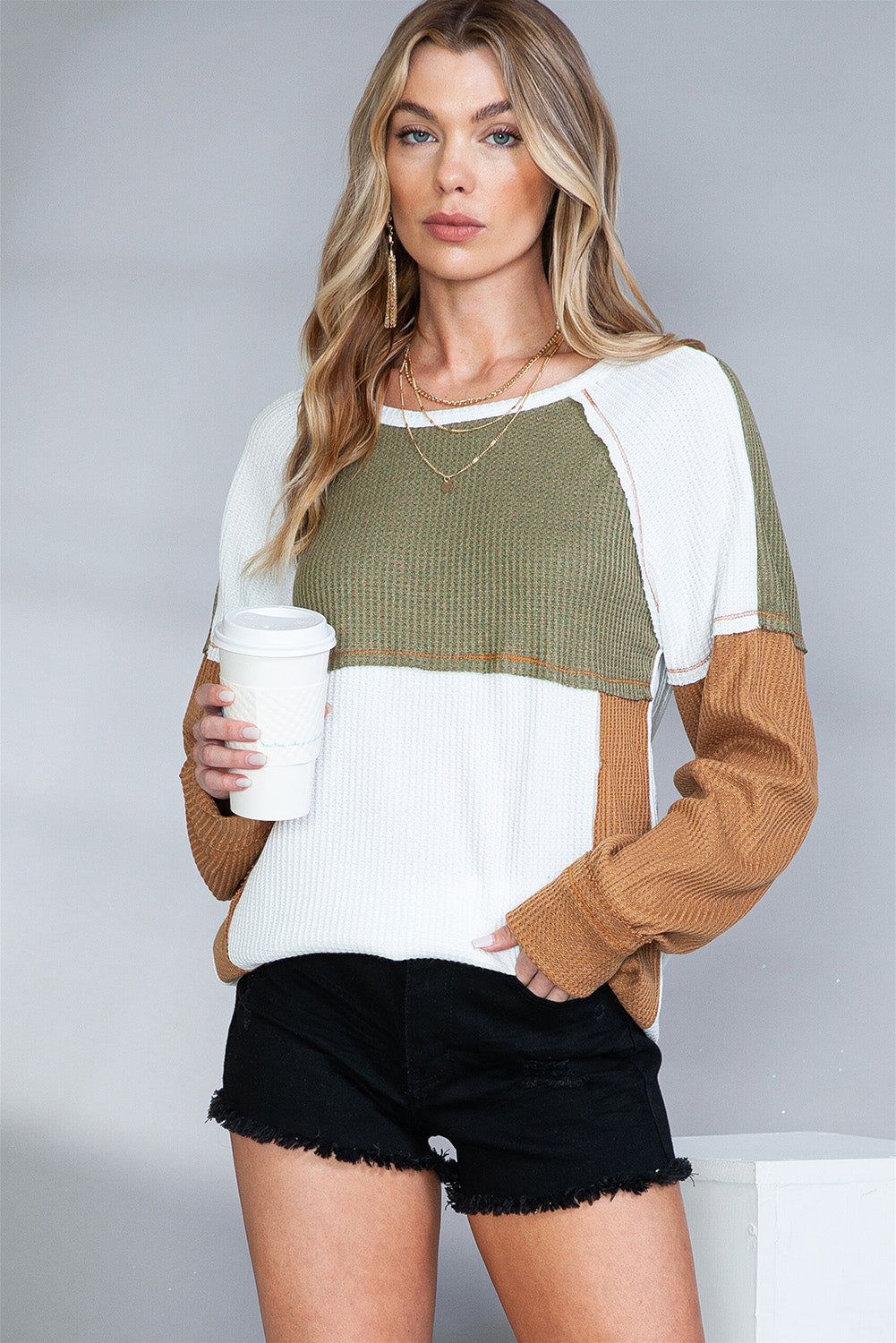 Green Waffle Knit Colorblock Patch Long Sleeve Top