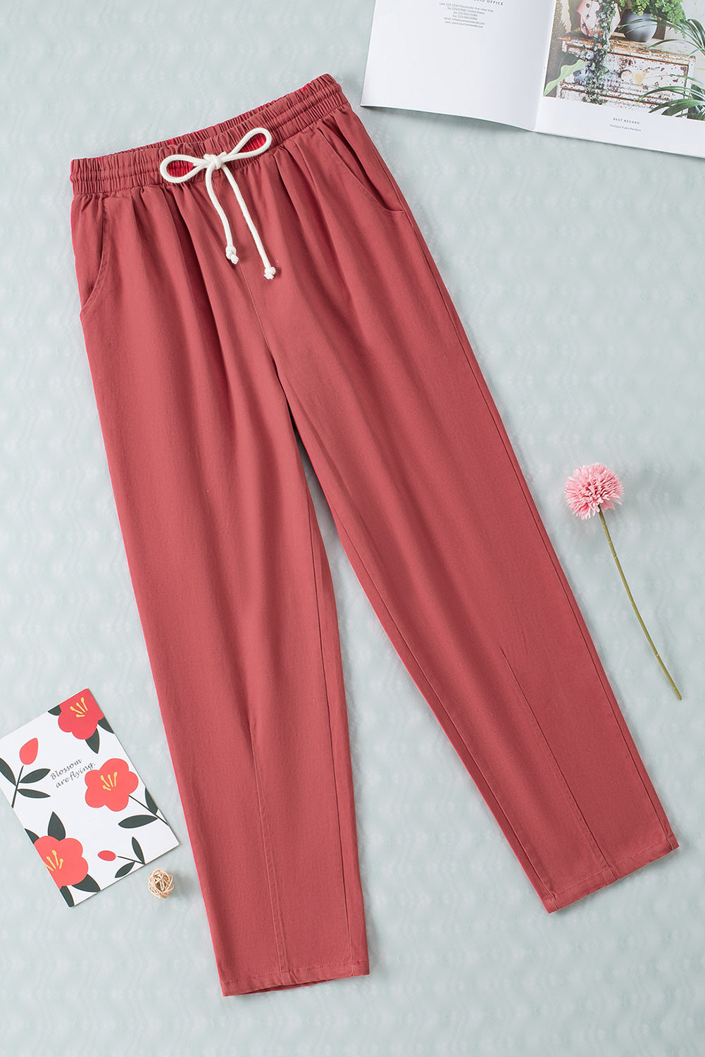 Red Solid Color Drawstring High Waisted Pants with Pockets