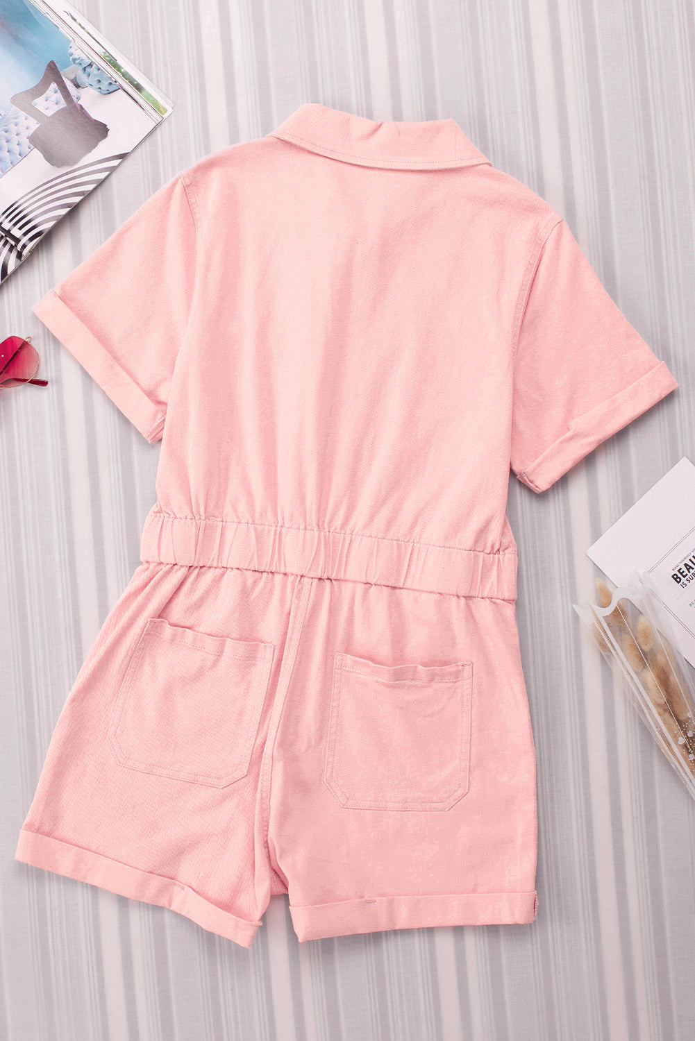 Pink Button Up Short Sleeve Denim Romper with Pockets