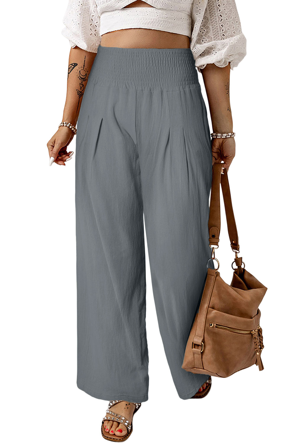 Khaki Smocked Wide Waistband High Waist Wide Leg Pants