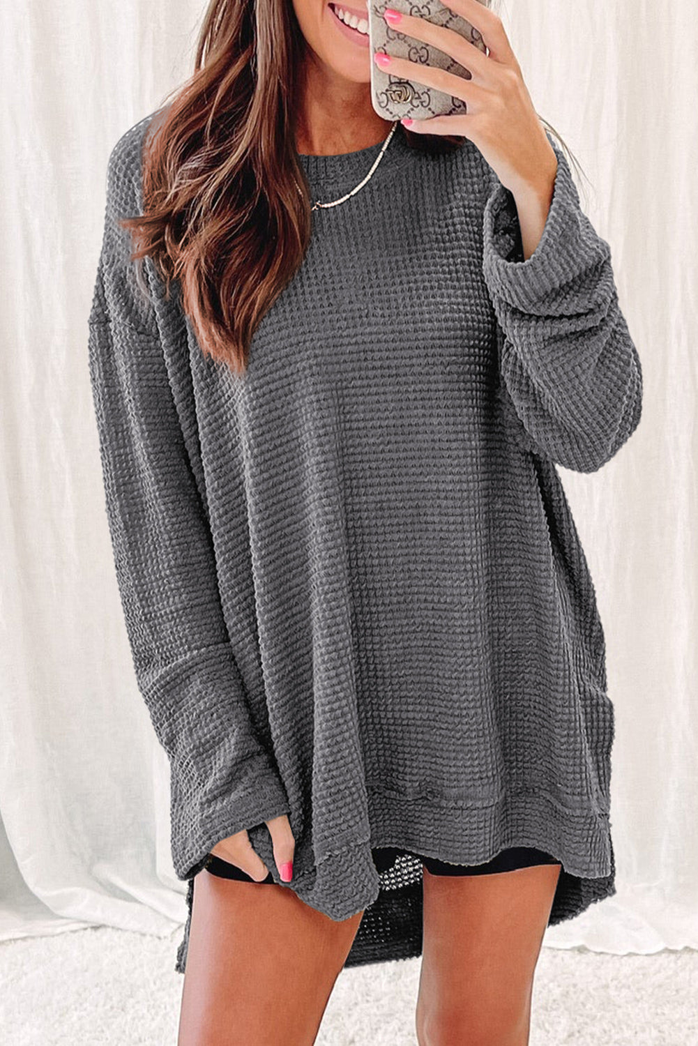 Gray Waffle Knit Drop Sleeve Side Slits Oversized Top