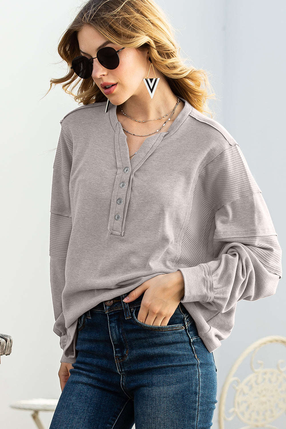 Gray Waffle Patchwork Dolman Sleeve Henley Top