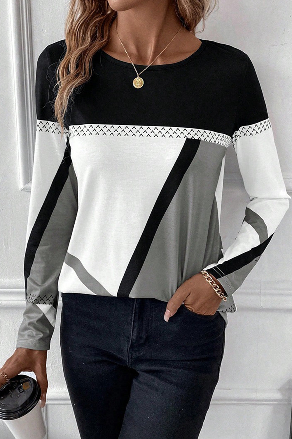 Medium Grey Geometric Print Color Block Crew Neck Top