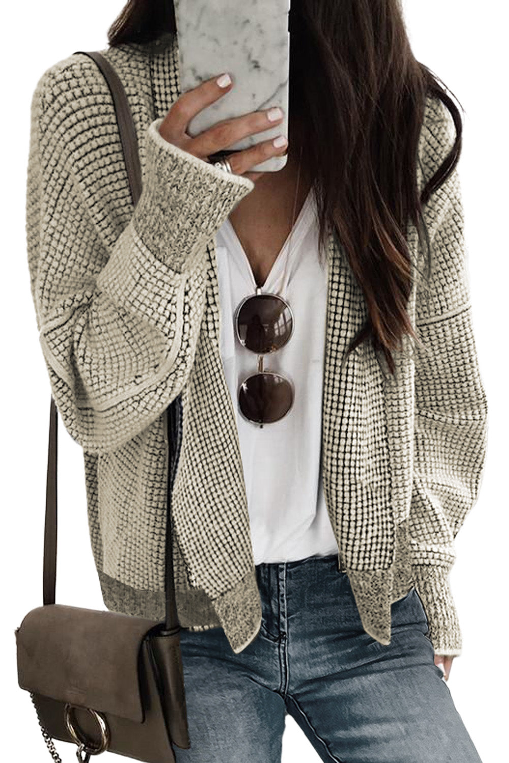 Grey Gingham Contrast Trim Open Front Cardigan