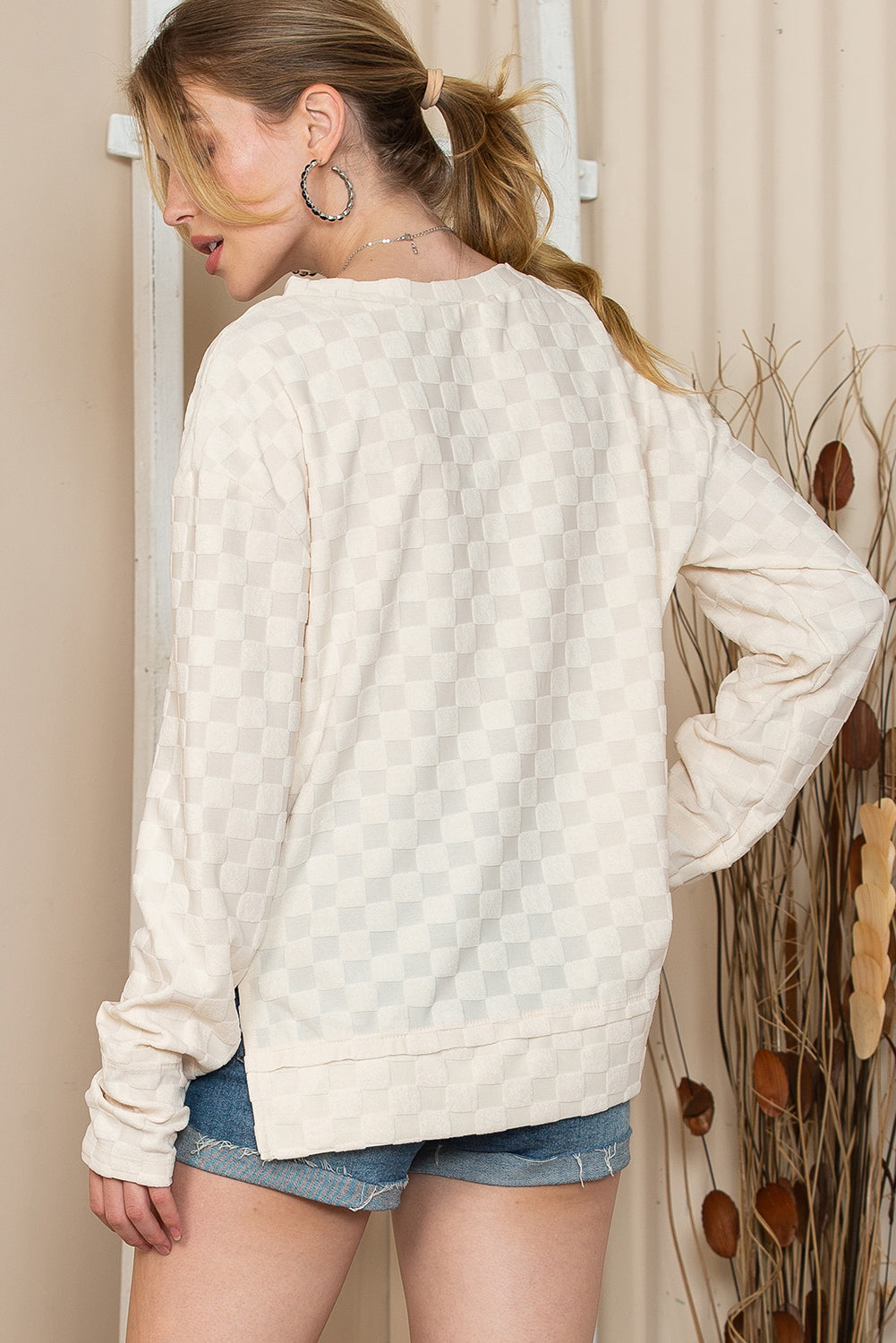 Beige Checkered Furry Thumbhole Long Sleeve Top