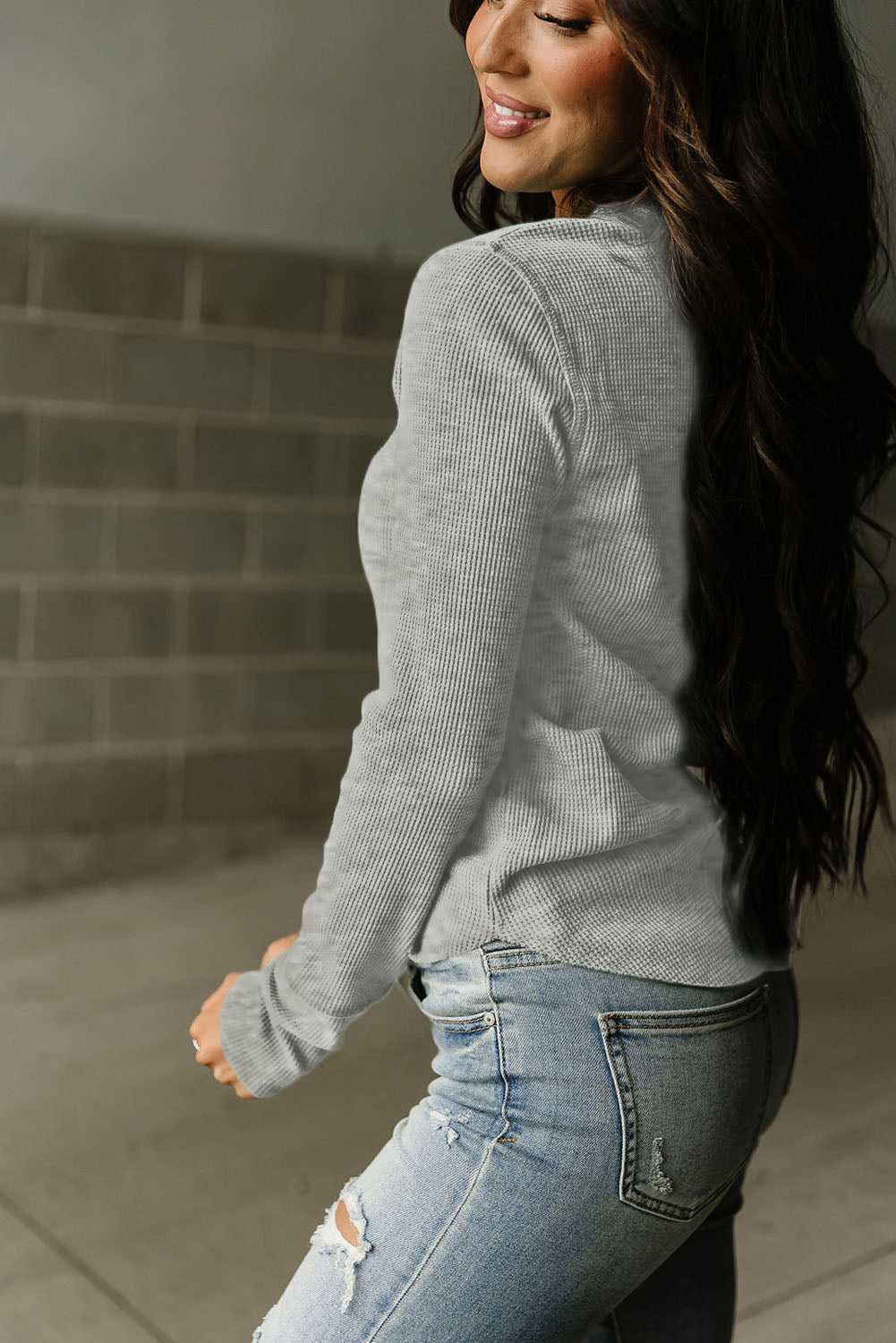 Gray Solid Color Waffle Knit Long Sleeve Henley Shirt