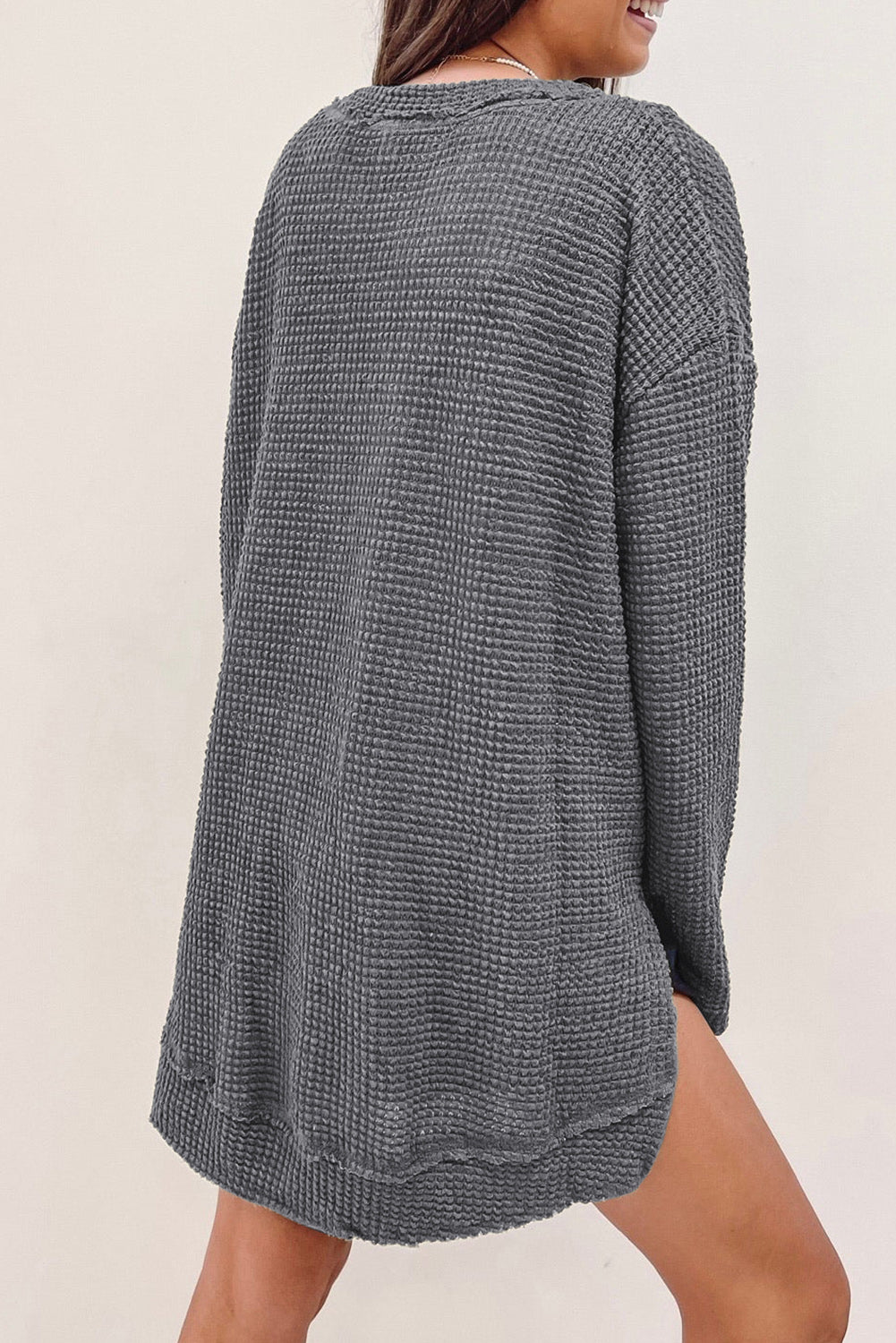 Gray Waffle Knit Drop Sleeve Side Slits Oversized Top