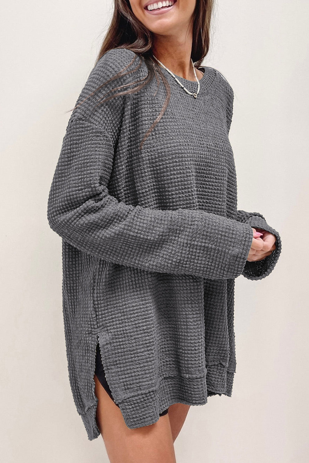 Gray Waffle Knit Drop Sleeve Side Slits Oversized Top