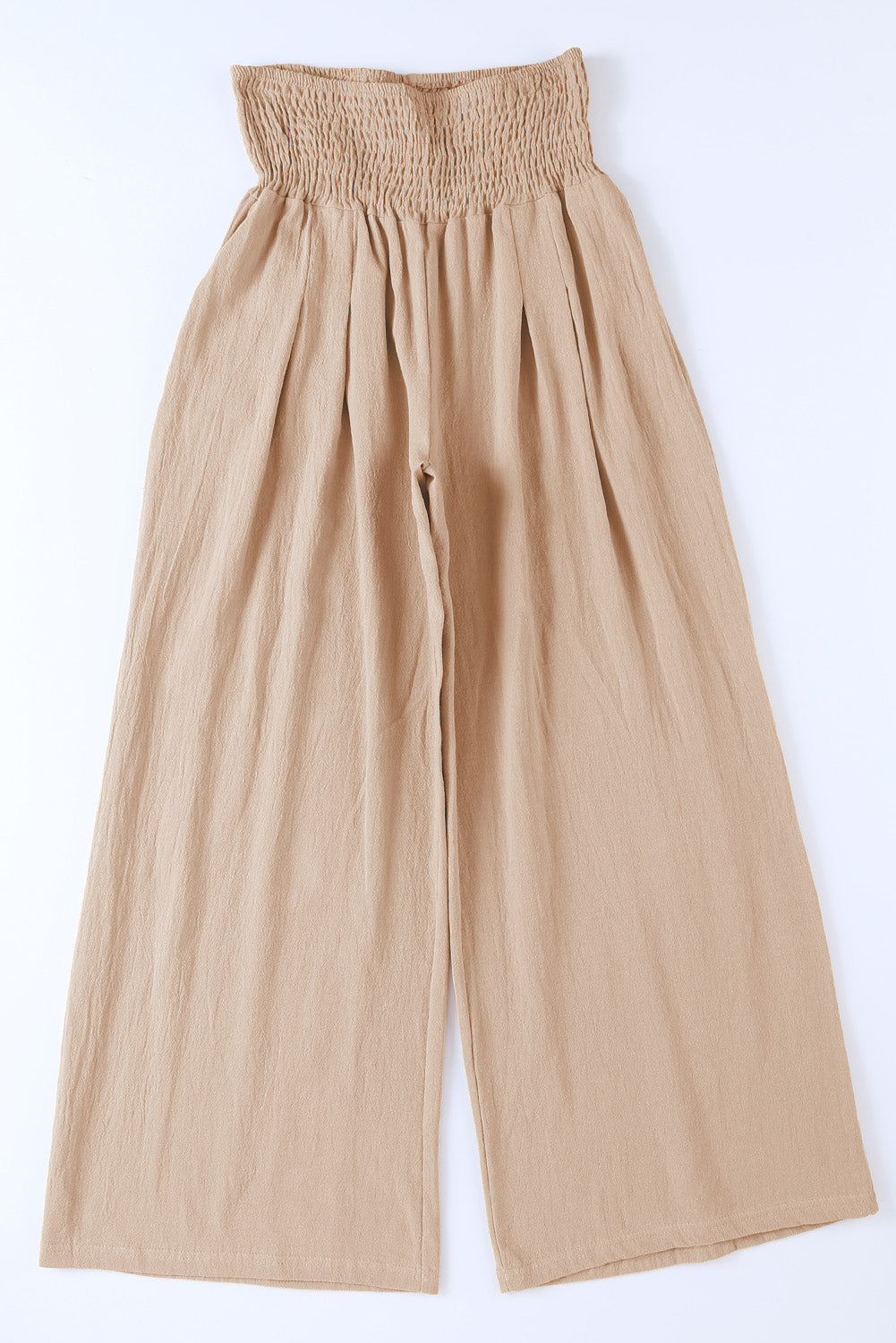 Khaki Smocked Wide Waistband High Waist Wide Leg Pants