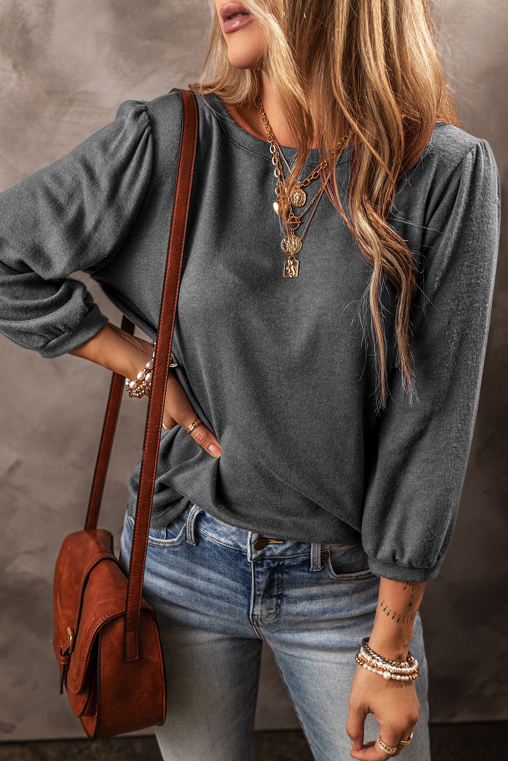 Black Plain 3/4 Puff Sleeve Round Neck Top