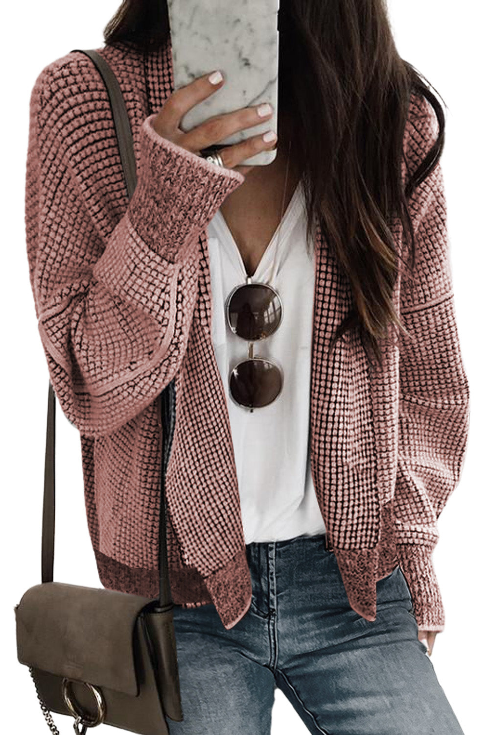 Grey Gingham Contrast Trim Open Front Cardigan