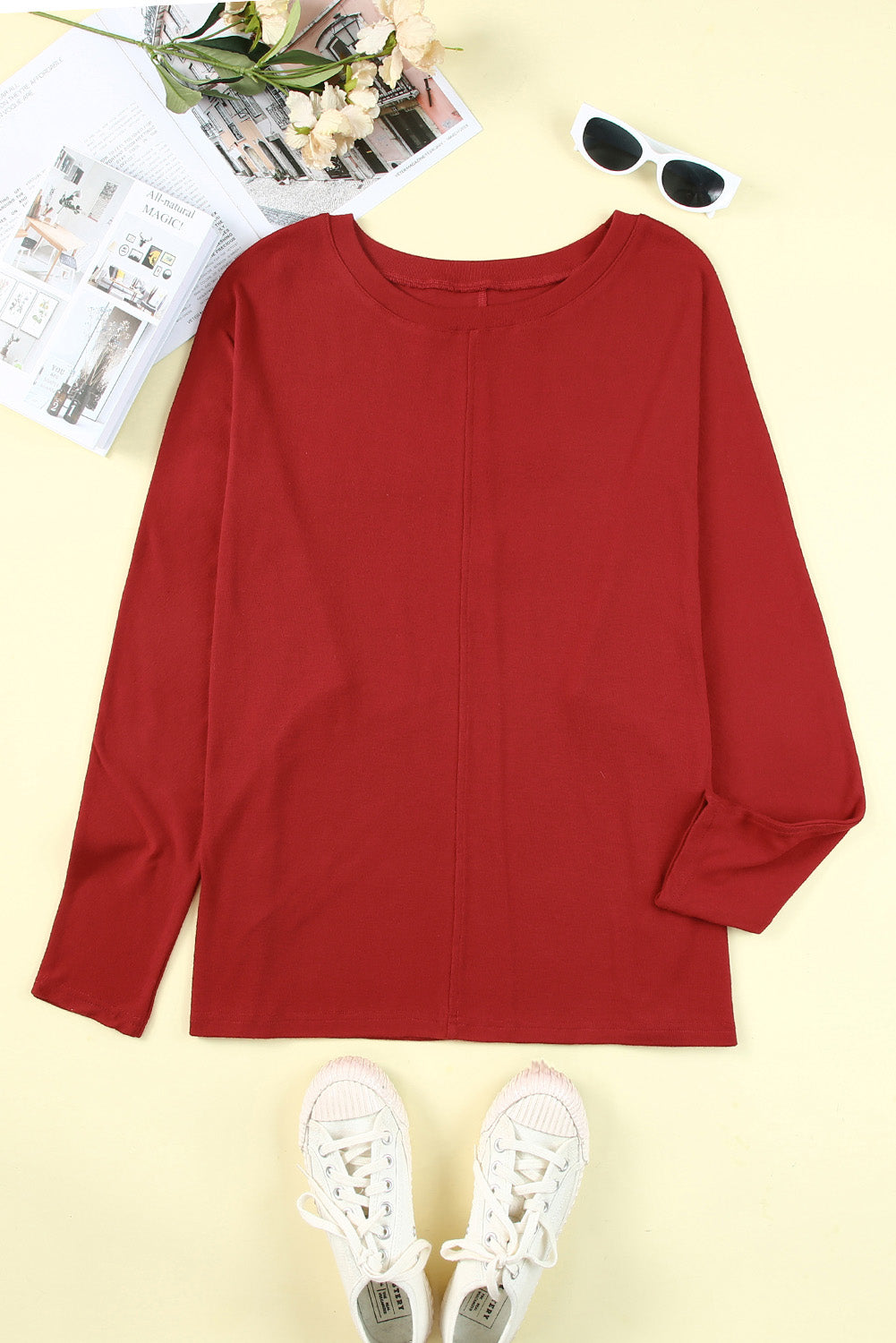 Red Basic Solid Color Seam Patchwork Long Sleeve Top