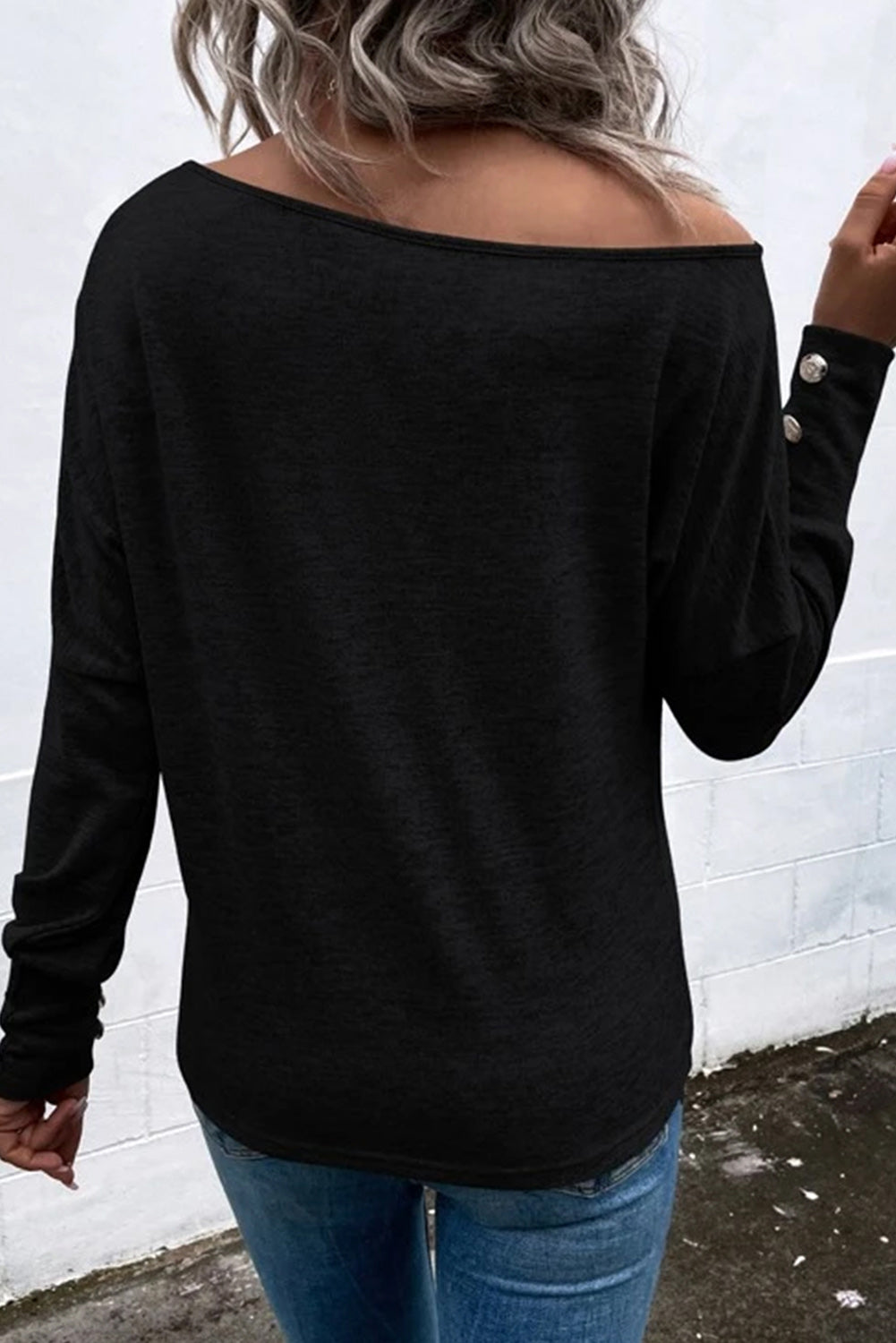 Black Boat Neck Asymmetric Cut Out Long Sleeve Top