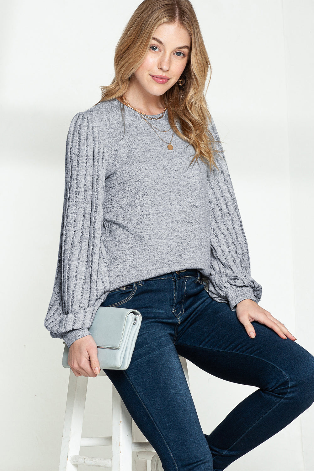 Gray Solid Color Contrast Ribbed Bishop Sleeve Top