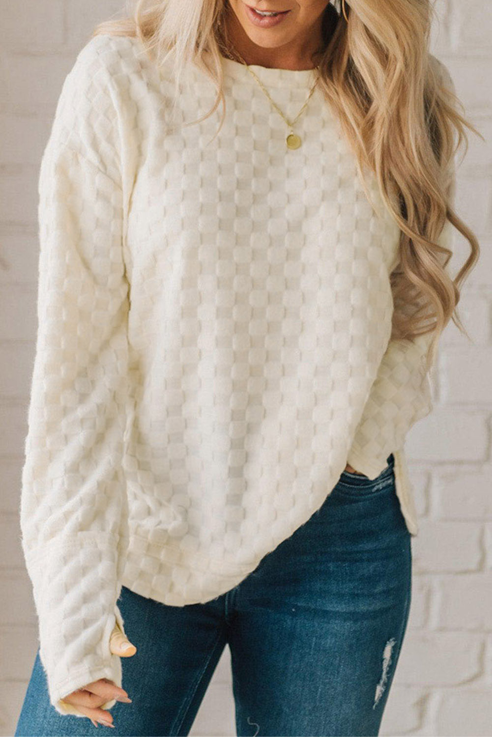 Beige Checkered Furry Thumbhole Long Sleeve Top