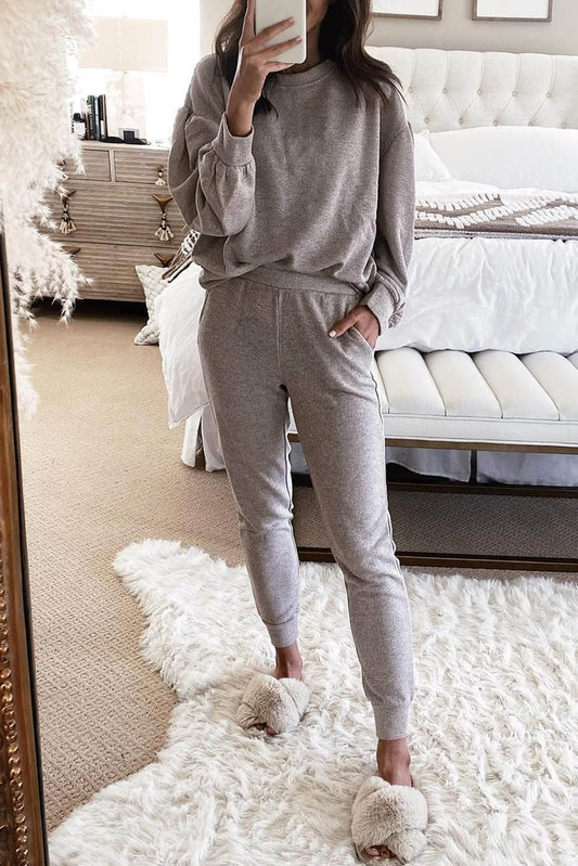 Gray Long Puff Sleeeve Pocketed Casual Two Piece Set