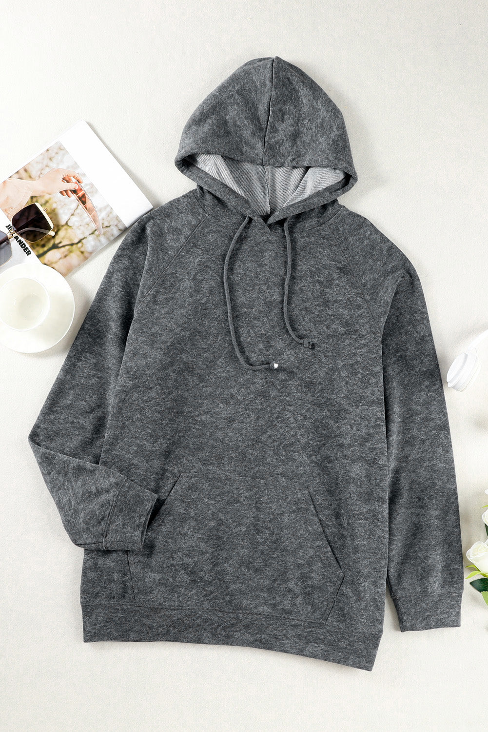 Gray Mineral Washed Kangaroo Pocket Drawstring Hoodie