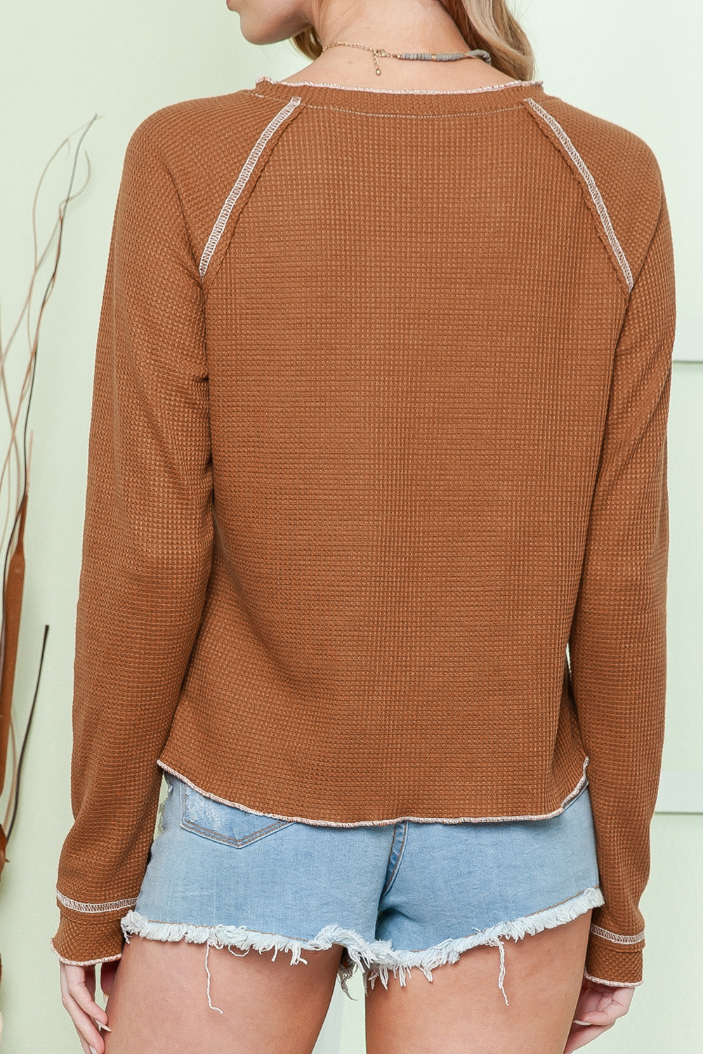 Blue Exposed Seam Textured Pullover Long Sleeve Top