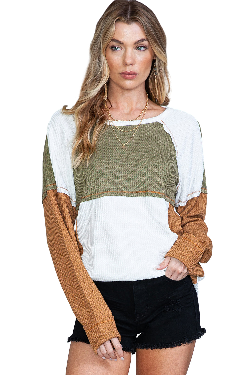 Green Waffle Knit Colorblock Patch Long Sleeve Top