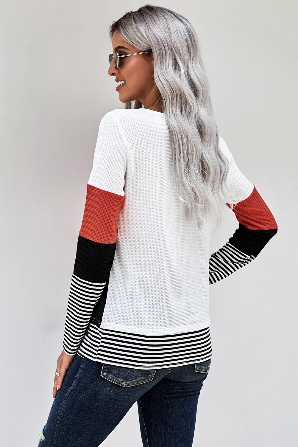 Color Block Stripes Trim Patchwork Casual Textured Long Sleeve Top