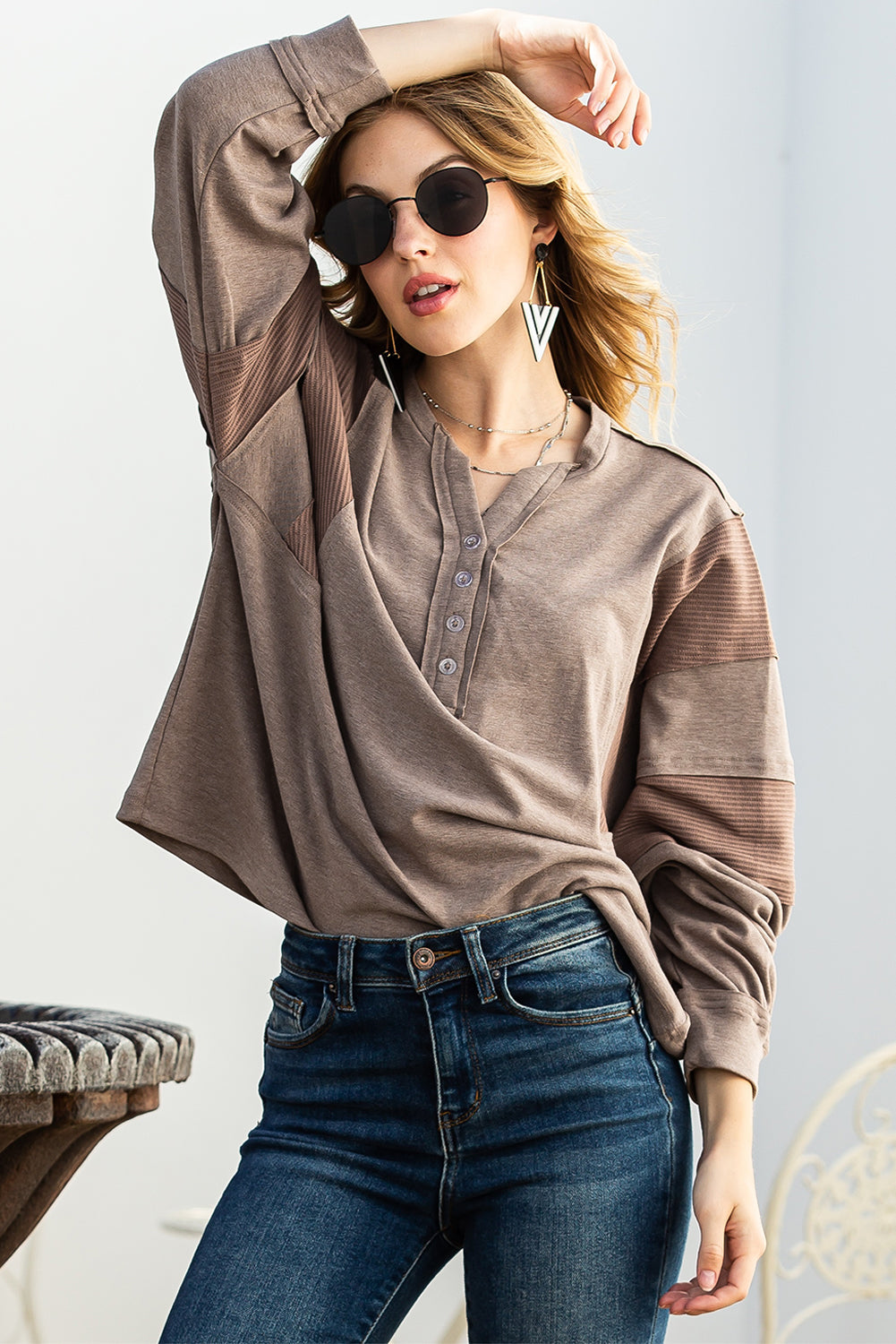 Gray Waffle Patchwork Dolman Sleeve Henley Top