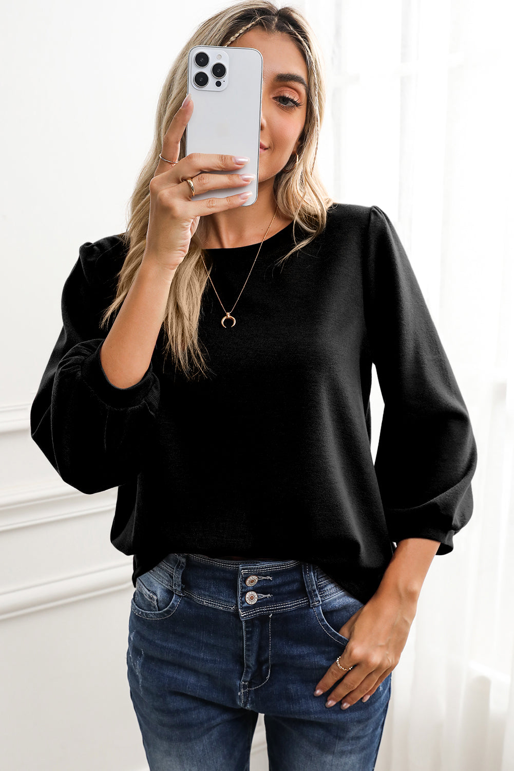 Black Plain 3/4 Puff Sleeve Round Neck Top