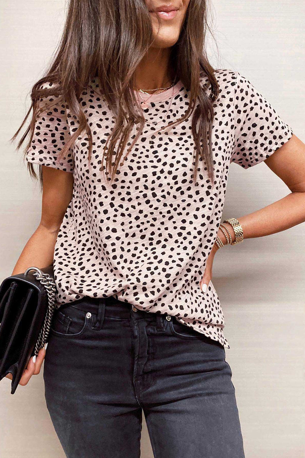 Grey Cheetah Print Casual Crew Neck T Shirt