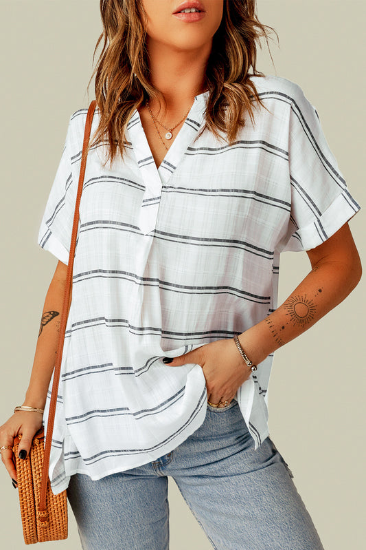 White Striped Print Casual Back Pleated Side Split Blouse