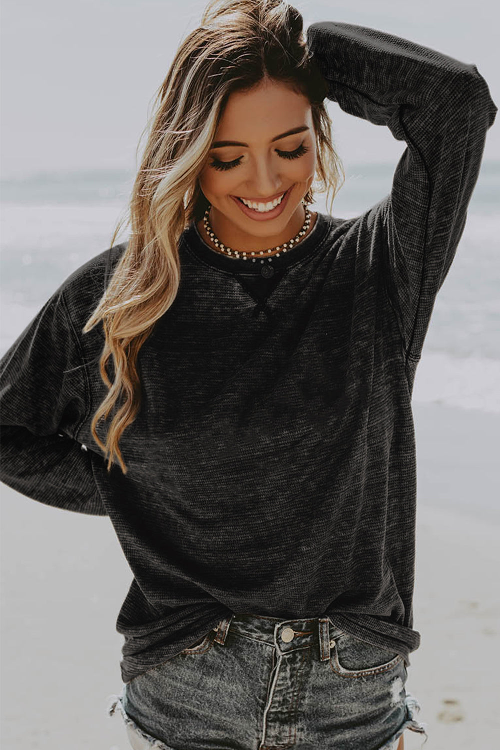 Gray Mineral Washed Waffle Long Sleeve Top