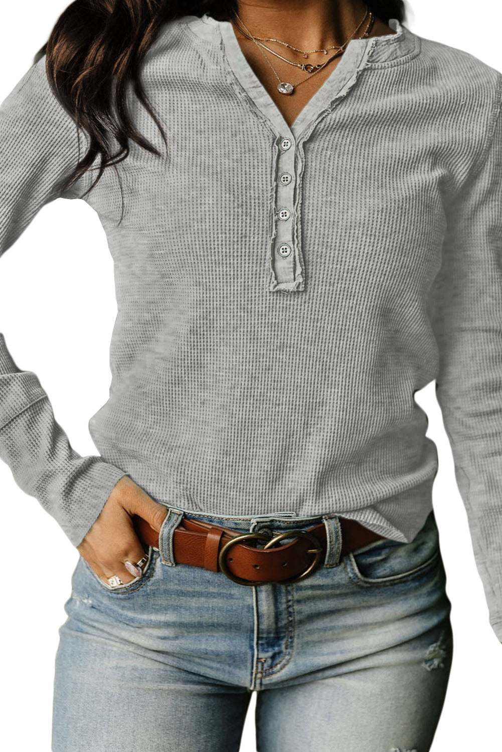 Gray Solid Color Waffle Knit Long Sleeve Henley Shirt