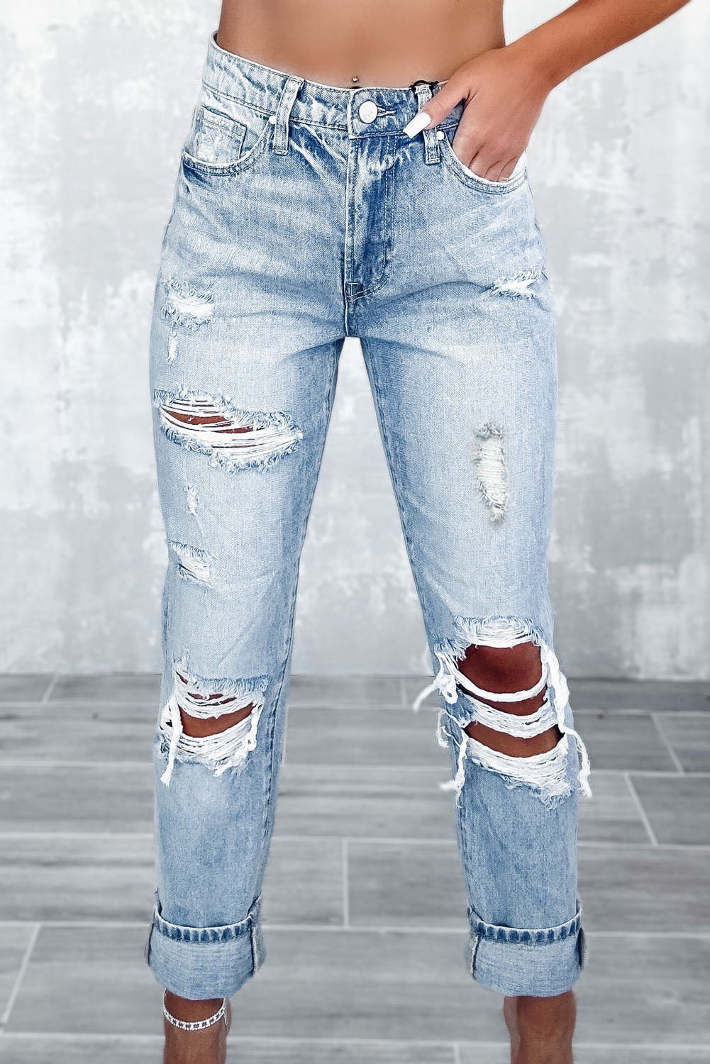 Navy Blue Light Wash Frayed Slim Fit High Waist Jeans