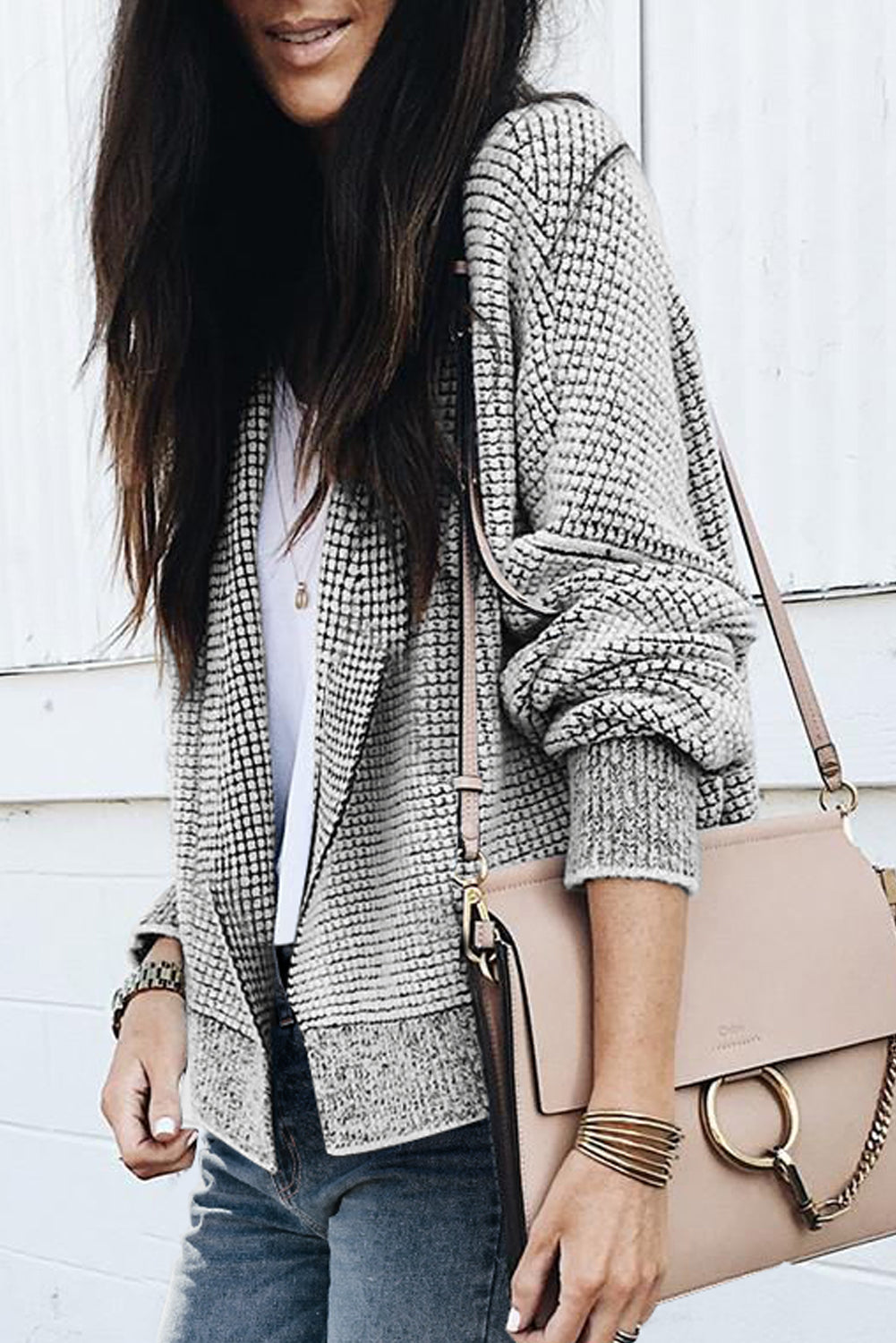 Grey Gingham Contrast Trim Open Front Cardigan