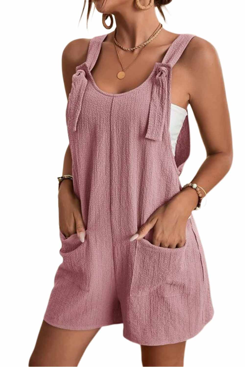 Brown Shoulder Strap Pocket Textured Romper